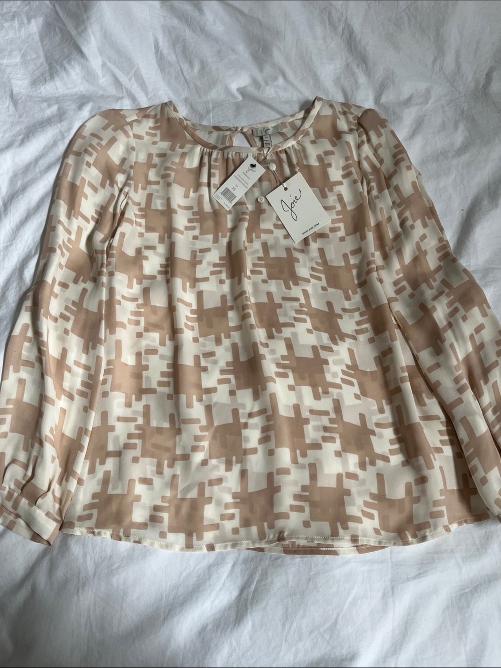 NWT Joie Silk Long Sleeve Blouse Dusty Pink Sand Geometric Abstract Print Top